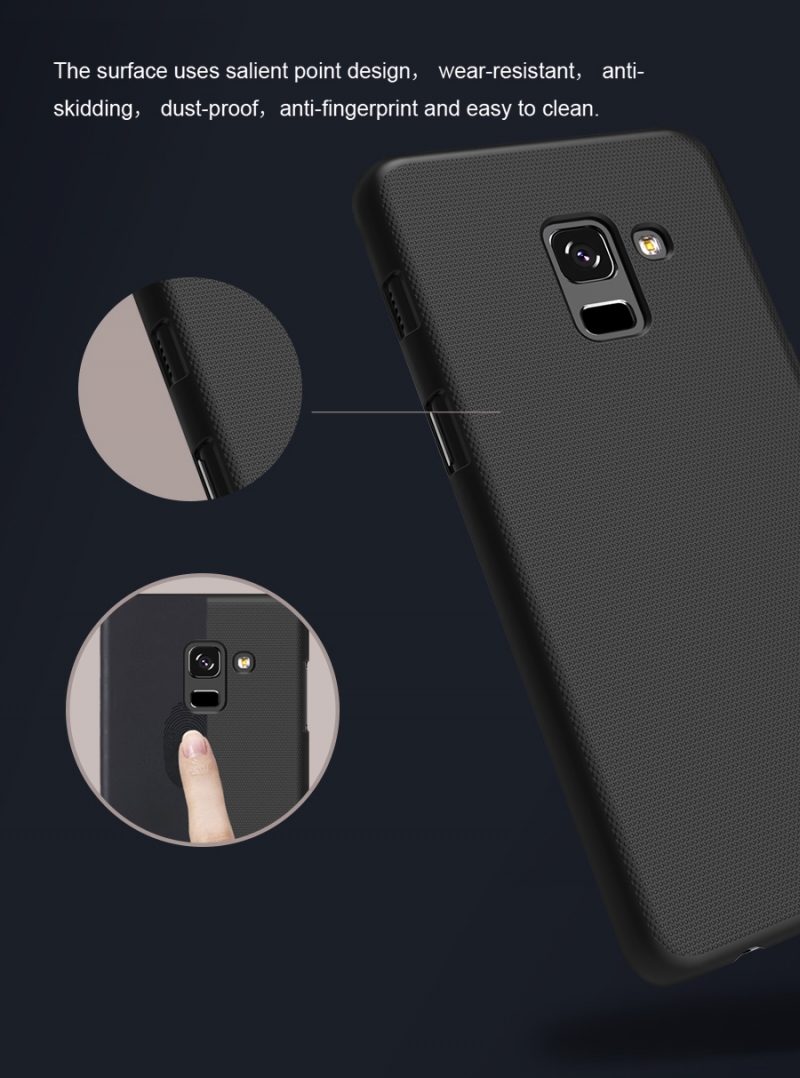 Ốp Lưng Samsung Galaxy A8 2018 Hiệu Nillkin Dạng Sần được làm bằng nhựa Polycarbonat có khả năng đàn hồi tốt, không bị giòn và khả năng chống trầy xước tốt trong nhưng va chạm.